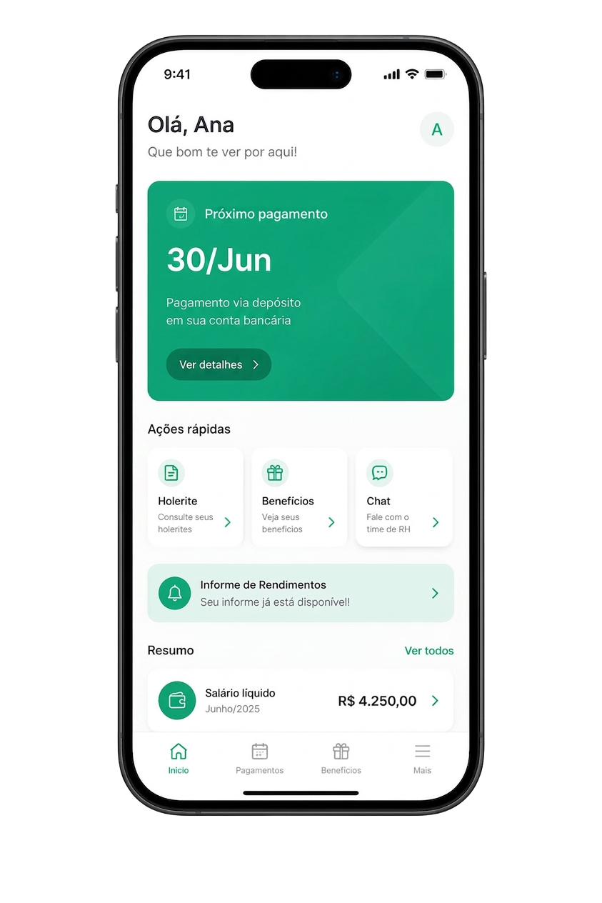 App MeuSalário.app aberto na tela inicial do colaborador