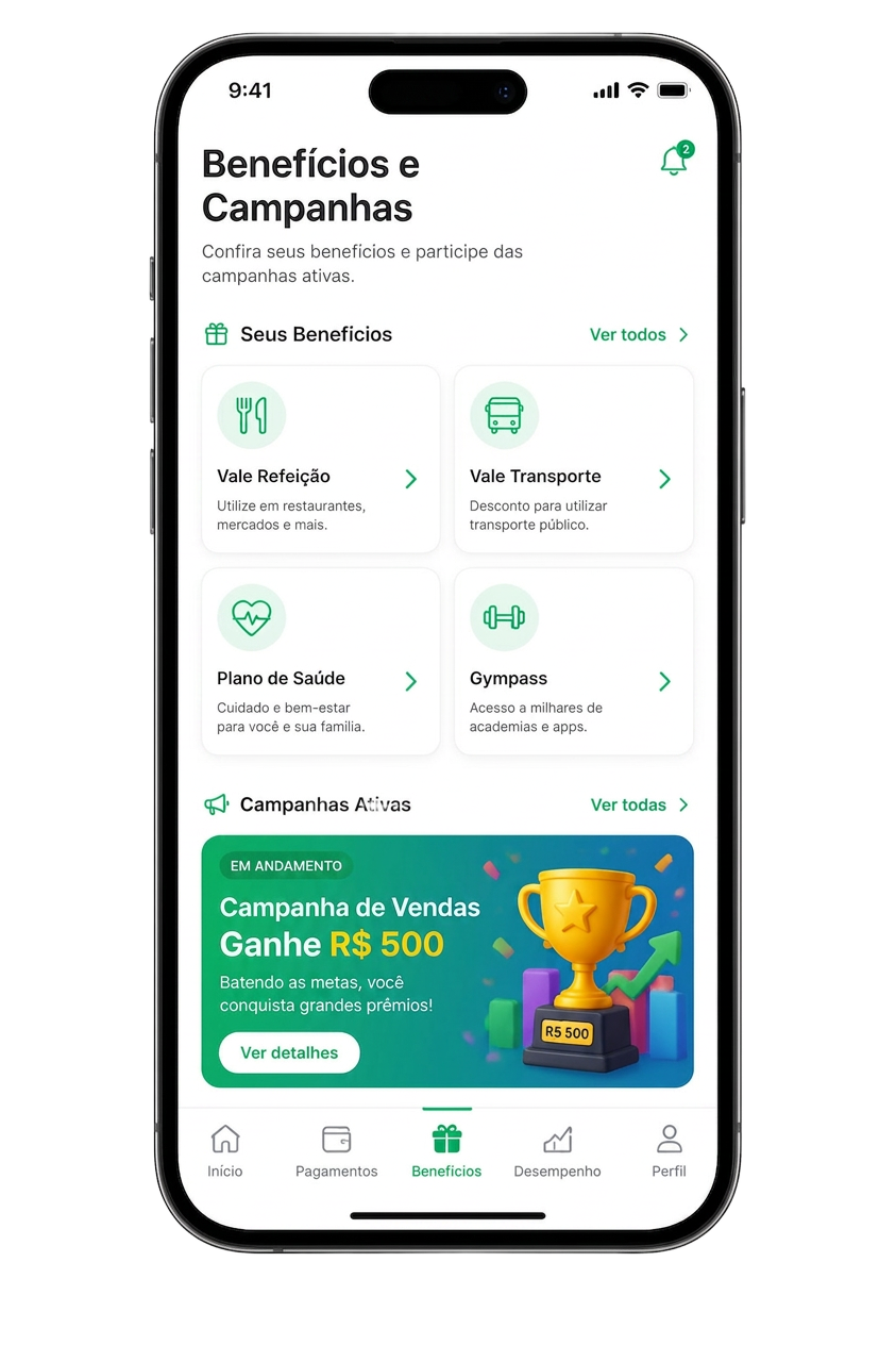 Tela de benefícios no app MeuSalário